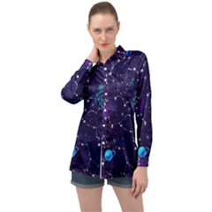 Realistic Night Sky With Constellations Long Sleeve Satin Shirt