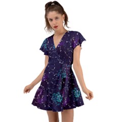 Realistic Night Sky With Constellations Flutter Sleeve Wrap Dress