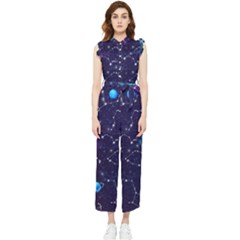Realistic Night Sky With Constellations Women s Frill Top Chiffon Jumpsuit