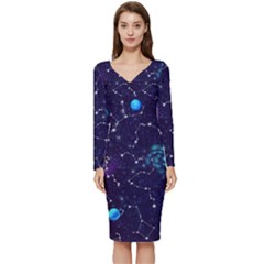 Realistic Night Sky With Constellations Long Sleeve V-Neck Bodycon Dress 
