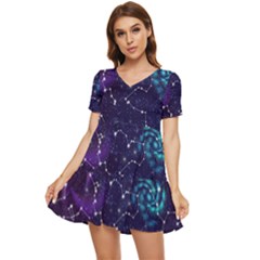 Realistic Night Sky With Constellations Tiered Short Sleeve Babydoll Dress