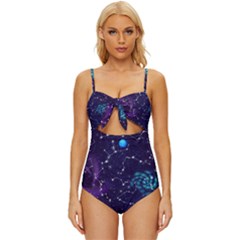 Realistic Night Sky With Constellations Knot Front One-Piece Swimsuit