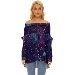 Realistic Night Sky With Constellations Off Shoulder Chiffon Pocket Shirt