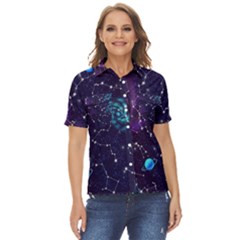Realistic Night Sky With Constellations Women s Short Sleeve Double Pocket Shirt