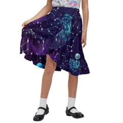 Realistic Night Sky With Constellations Kids  Ruffle Flared Wrap Midi Skirt