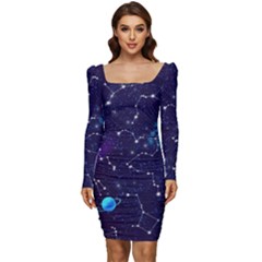 Realistic Night Sky With Constellations Women Long Sleeve Ruched Stretch Jersey Dress
