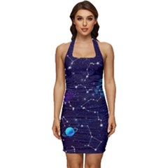 Realistic Night Sky With Constellations Sleeveless Wide Square Neckline Ruched Bodycon Dress