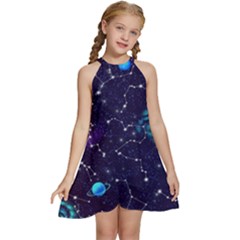Realistic Night Sky With Constellations Kids  Halter Collar Waist Tie Chiffon Dress