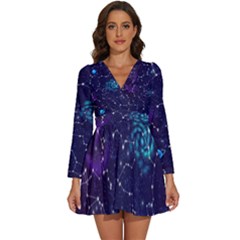 Realistic Night Sky With Constellations Long Sleeve V-Neck Chiffon Dress 