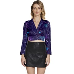 Realistic Night Sky With Constellations Long Sleeve Tie Back Satin Wrap Top