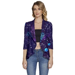 Realistic Night Sky With Constellations Women s 3/4 Sleeve Ruffle Edge Open Front Jacket