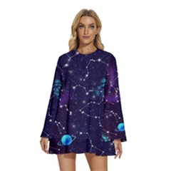 Realistic Night Sky With Constellations Round Neck Long Sleeve Bohemian Style Chiffon Mini Dress