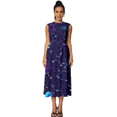 Realistic Night Sky With Constellations Sleeveless Round Neck Midi Dress