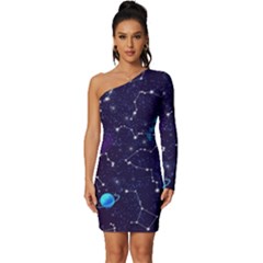 Realistic Night Sky With Constellations Long Sleeve One Shoulder Mini Dress