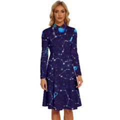Realistic Night Sky With Constellations Long Sleeve Shirt Collar A-Line Dress