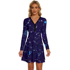 Realistic Night Sky With Constellations Long Sleeve Deep V Mini Dress 