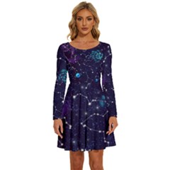 Realistic Night Sky With Constellations Long Sleeve Wide Neck Velvet Dress