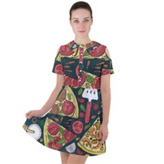 Seamless Pizza Slice Pattern Illustration Great Pizzeria Background Short Sleeve Shoulder Cut Out Dress 