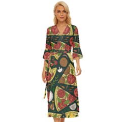 Seamless Pizza Slice Pattern Illustration Great Pizzeria Background Midsummer Wrap Dress by Cemarart