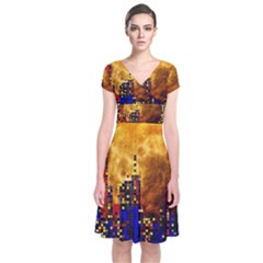 Skyline Frankfurt Abstract Moon Short Sleeve Front Wrap Dress