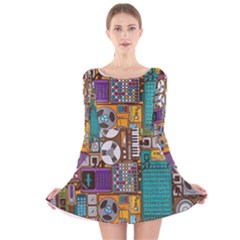 Pattern Design Art Techno  Dj Music Retro Music Device Long Sleeve Velvet Skater Dress