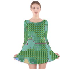 Green Retro Games Pattern Long Sleeve Velvet Skater Dress