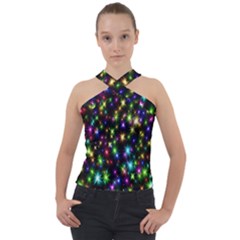 Star Colorful Christmas Abstract Cross Neck Velour Top by Cemarart