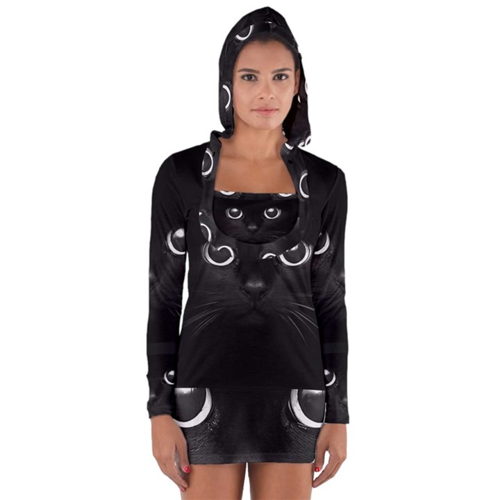 Black Cat Face Long Sleeve Hooded T-shirt