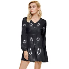 Black Cat Face Tiered Long Sleeve Mini Dress