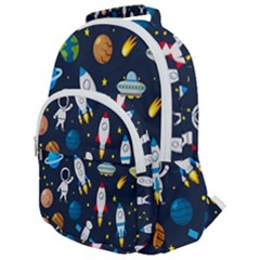 Big Set Cute Astronauts Space Planets Stars Aliens Rockets Ufo Constellations Satellite Moon Rover Rounded Multi Pocket Backpack by Cemarart
