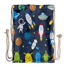 Big Set Cute Astronauts Space Planets Stars Aliens Rockets Ufo Constellations Satellite Moon Rover Drawstring Bag (large) by Cemarart