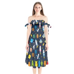 Big Set Cute Astronauts Space Planets Stars Aliens Rockets Ufo Constellations Satellite Moon Rover Shoulder Tie Bardot Midi Dress by Cemarart