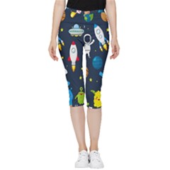 Big Set Cute Astronauts Space Planets Stars Aliens Rockets Ufo Constellations Satellite Moon Rover Inside Out Lightweight Velour Capri Leggings 