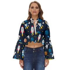 Big Set Cute Astronauts Space Planets Stars Aliens Rockets Ufo Constellations Satellite Moon Rover Boho Long Bell Sleeve Top by Cemarart