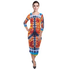 Tie Dye Peace Sign Quarter Sleeve Midi Velour Bodycon Dress