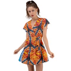 Tie Dye Peace Sign Flutter Sleeve Wrap Dress