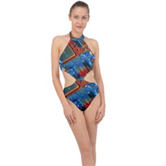 Gray Circuit Board Electronics Electronic Components Microprocessor Halter Side Cut Swimsuit