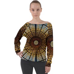 Barcelona Stained Glass Window Off Shoulder Long Sleeve Velour Top