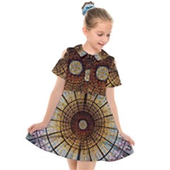 Barcelona Stained Glass Window Kids  Short Sleeve Shirt Dress by Cemarart