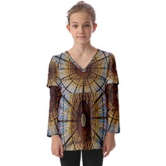 Barcelona Stained Glass Window Kids  V Neck Casual Top by Cemarart