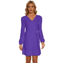 Ultra Violet Purple Long Sleeve Waist Tie Ruffle Velvet Dress by bruzer