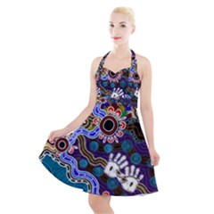 Authentic Aboriginal Art - Discovering Your Dreams Halter Party Swing Dress 