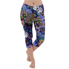 Authentic Aboriginal Art - Discovering Your Dreams Lightweight Velour Capri Yoga Leggings by hogartharts