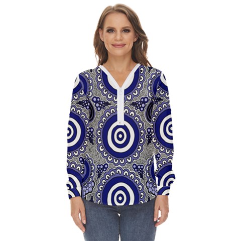 Authentic Aboriginal Art - Gathering Zip Up Long Sleeve Blouse by hogartharts