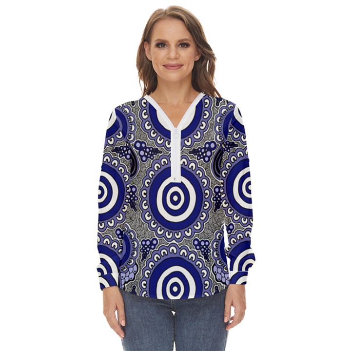 Authentic Aboriginal Art - Gathering Zip Up Long Sleeve Blouse