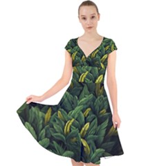 Banana leaves Cap Sleeve Front Wrap Midi Dress