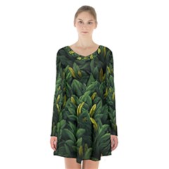 Banana Leaves Long Sleeve Velvet V-neck Dress