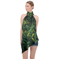 Banana Leaves Halter Asymmetric Satin Top