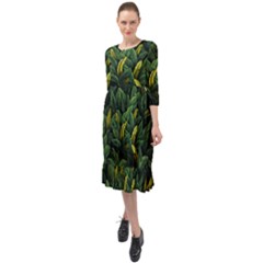 Banana Leaves Ruffle End Midi Chiffon Dress