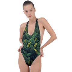 Banana Leaves Backless Halter One Piece Swimsuit